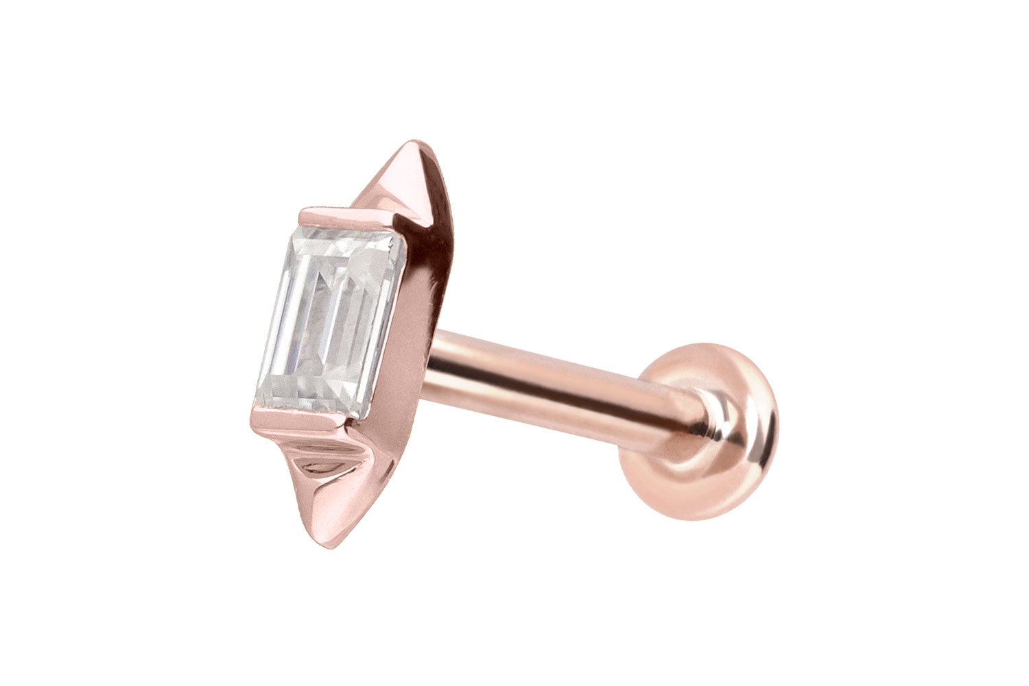 14 Karat Gold Labret Piercing mit Push Fit MOISSANIT-RECHTECK + 2 SPITZEN